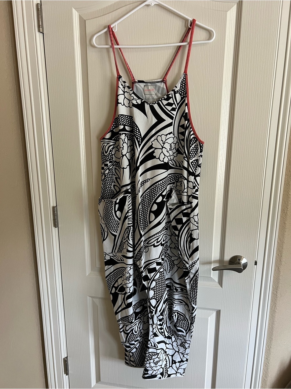 Free People Black & White Floral Print Jumpsuit with Coral Trim